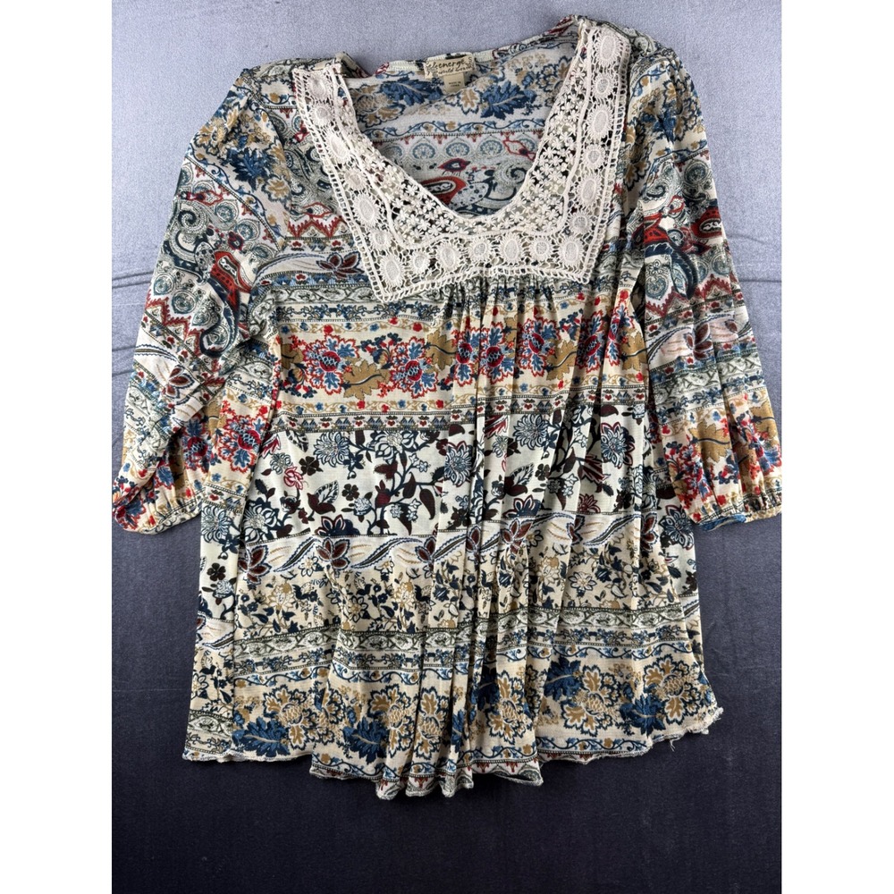 Energe World Wear Womens Small Boho Paisley Mesh Lace V-Neck 3/4 Sleeve Top